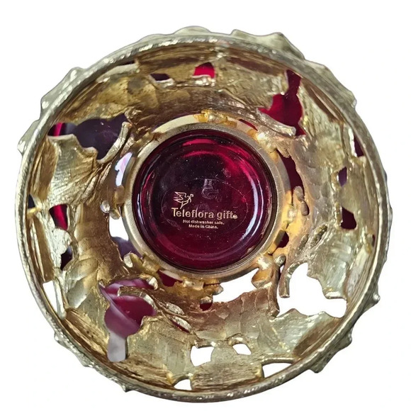 Teleflora Christmas Centerpiece Bowl Vase Red Glass Enameled Holly Berry Holiday - Picture 3 of 8